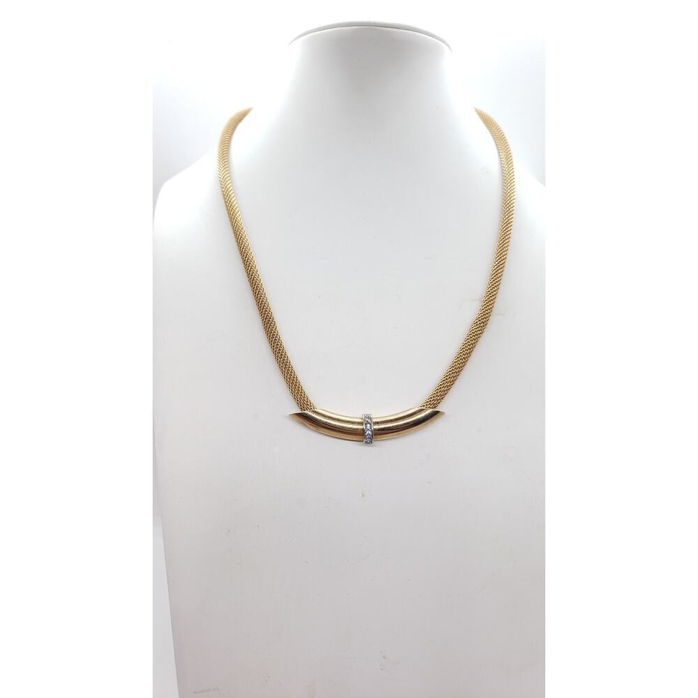 Vintage Avon Gold Tone Hollow Mesh Necklace Curved Bar Rhinestone Accent 1970s